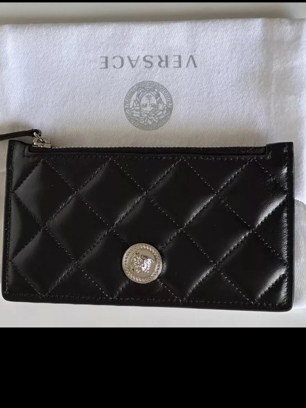 Versace Women's black Quilted 100% Leather Card Case Wallet $350 Authentic